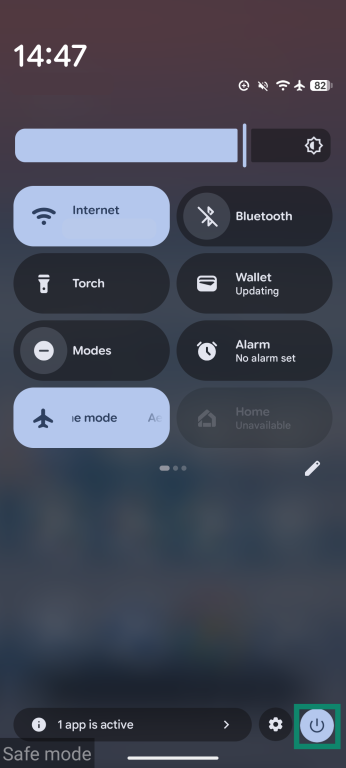 Android interface showing the Quick Settings panel with the power button available while safe mode is active.