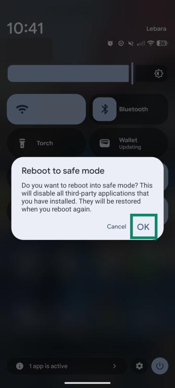 Android confirmation dialog for rebooting into safe mode, with OK selected.
