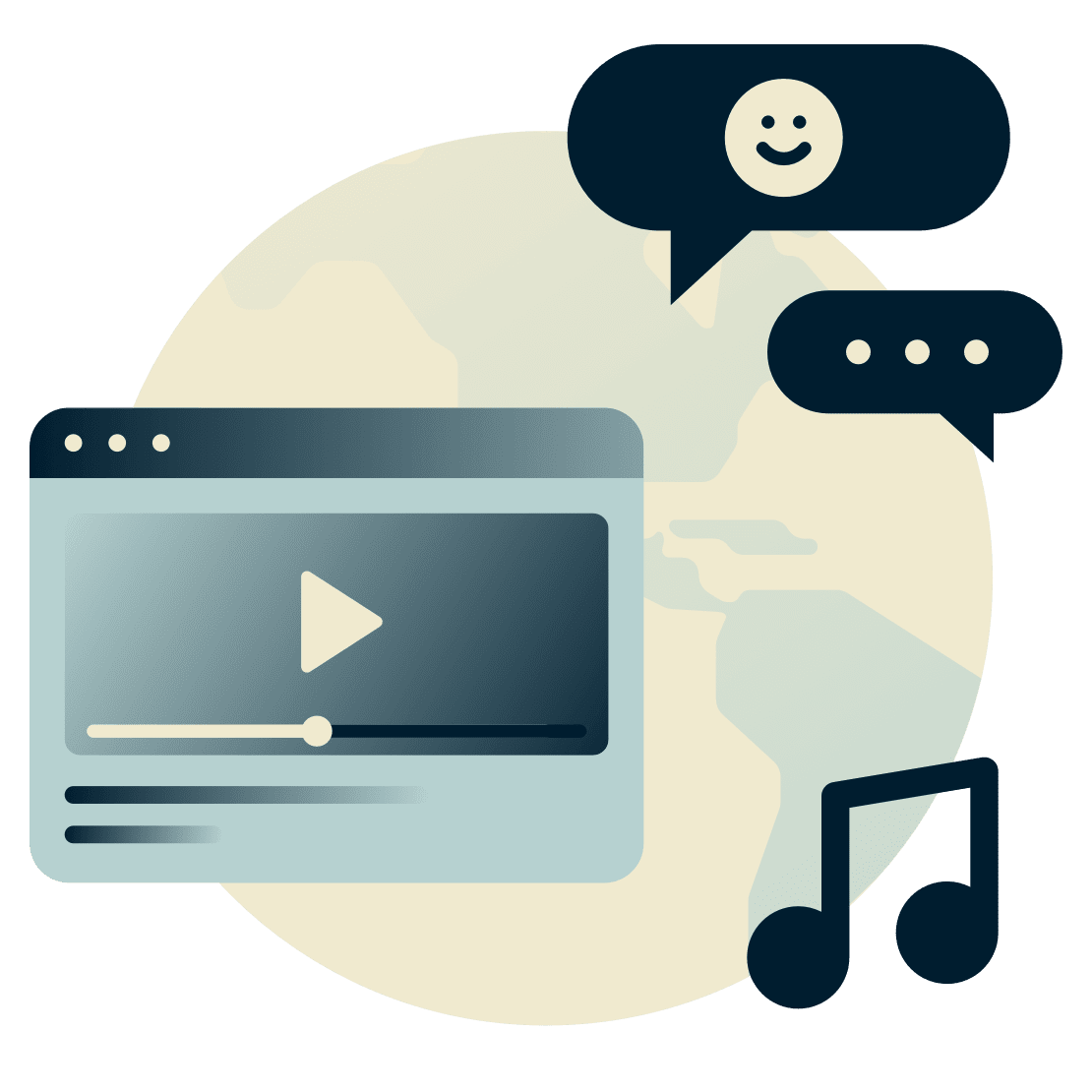 Земной шар, видеоплеер, музыка и чат.