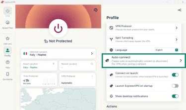 ExpressVPN Profile settings highlighting the Auto-connect option.