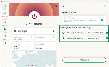 ExpressVPN Auto-connect management screen showing rules to disconnect from VPN on secure Wi-Fi and connect to VPN on unsecured Wi-Fi.