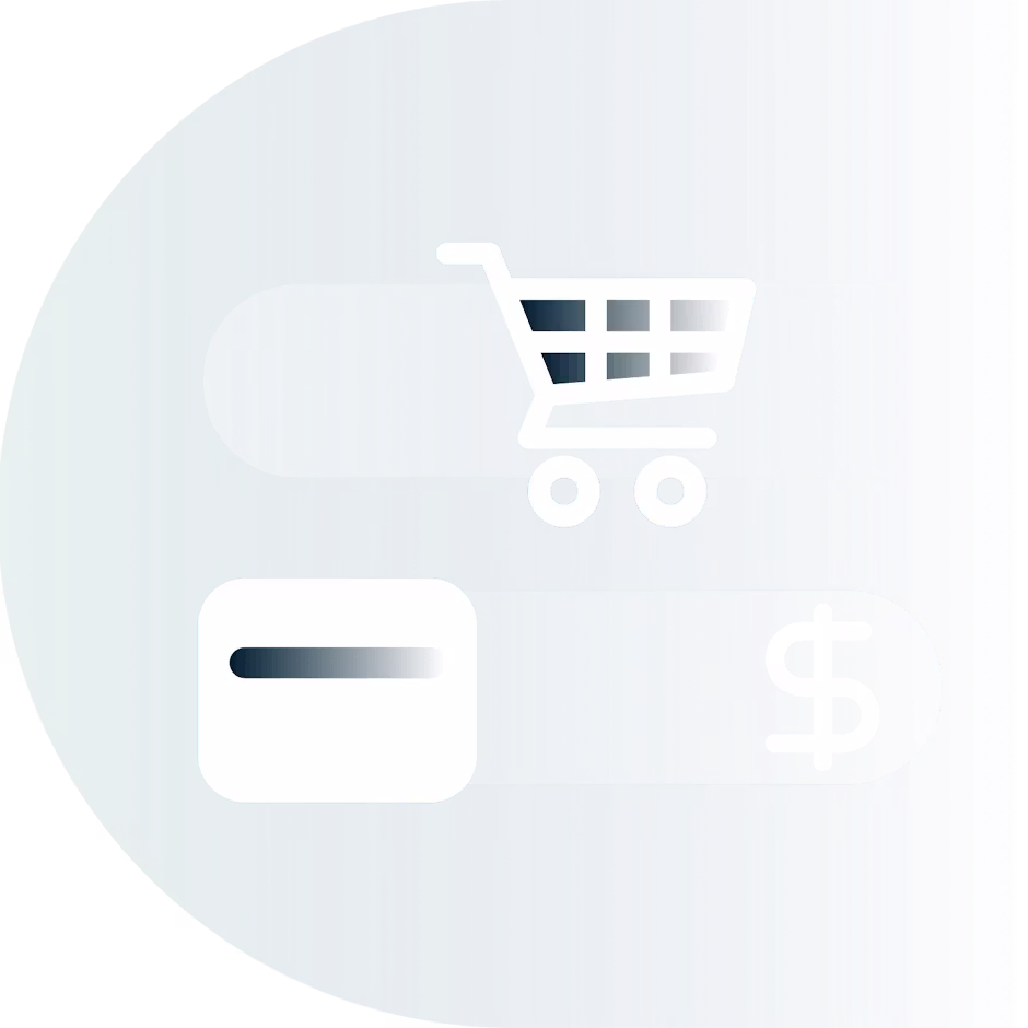 Shopping cart, credit card, and currency symbol.