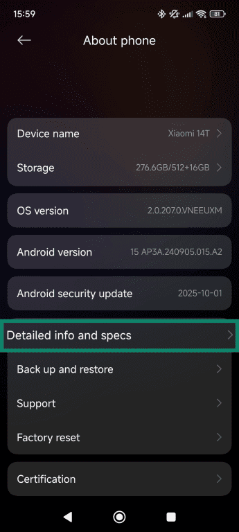 Android about phone screen, showing how to view detailed info and specs.
