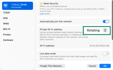 macOS Network and Internet settings page, showing how enable Private Wi-Fi address.