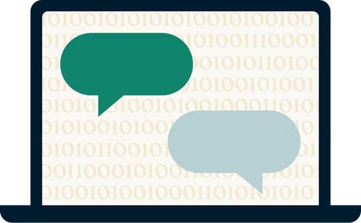 Binäärikoodia ja puhekuplia kannettavan tietokoneen näytöllä.