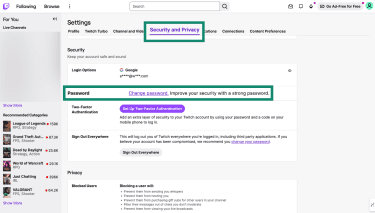 Twitch Security and Privacy settings highlighting Change password option.