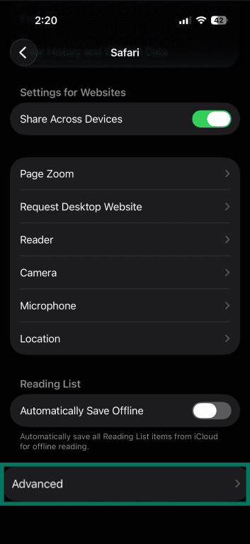 Safari settings with Advanced option highlighted.