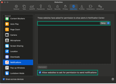 Website in the Notifications list with Deny selected.