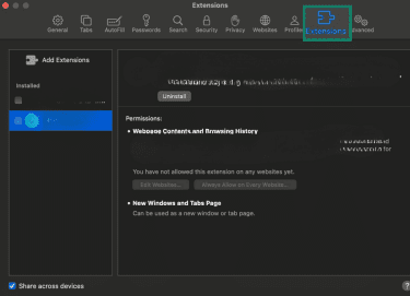 Safari Settings window with Extensions selected in the sidebar, showing installed browser extensions.