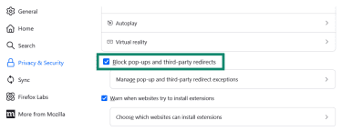 In the Firefox privacy and security settings, the Block pop-ups and third-party redirects option is enabled and highlighted.