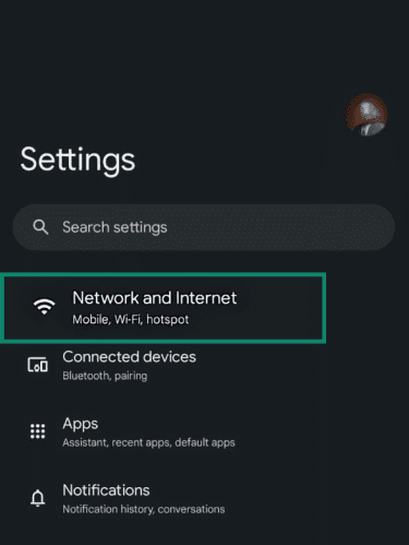 Android's Settings app with the Network and Internet option highlighted.