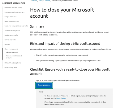 "Close account" option highlighted in the Microsoft account settings.