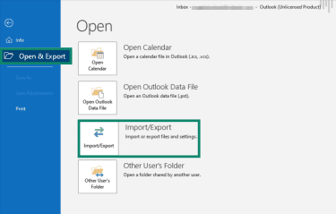 "Option & Export" and "Import/Export" options highlighted in the Outlook Classic settings.