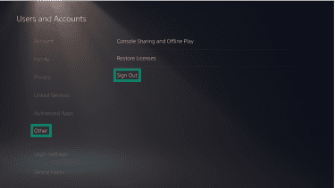 The "Users and Accounts" page on a PlayStation 5. The "Other" and "Sign Out" options are highlighted.