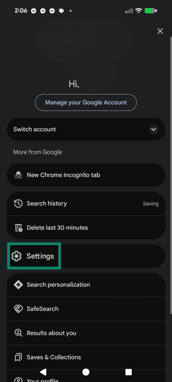 The Google profile menu highlighting the Settings option.