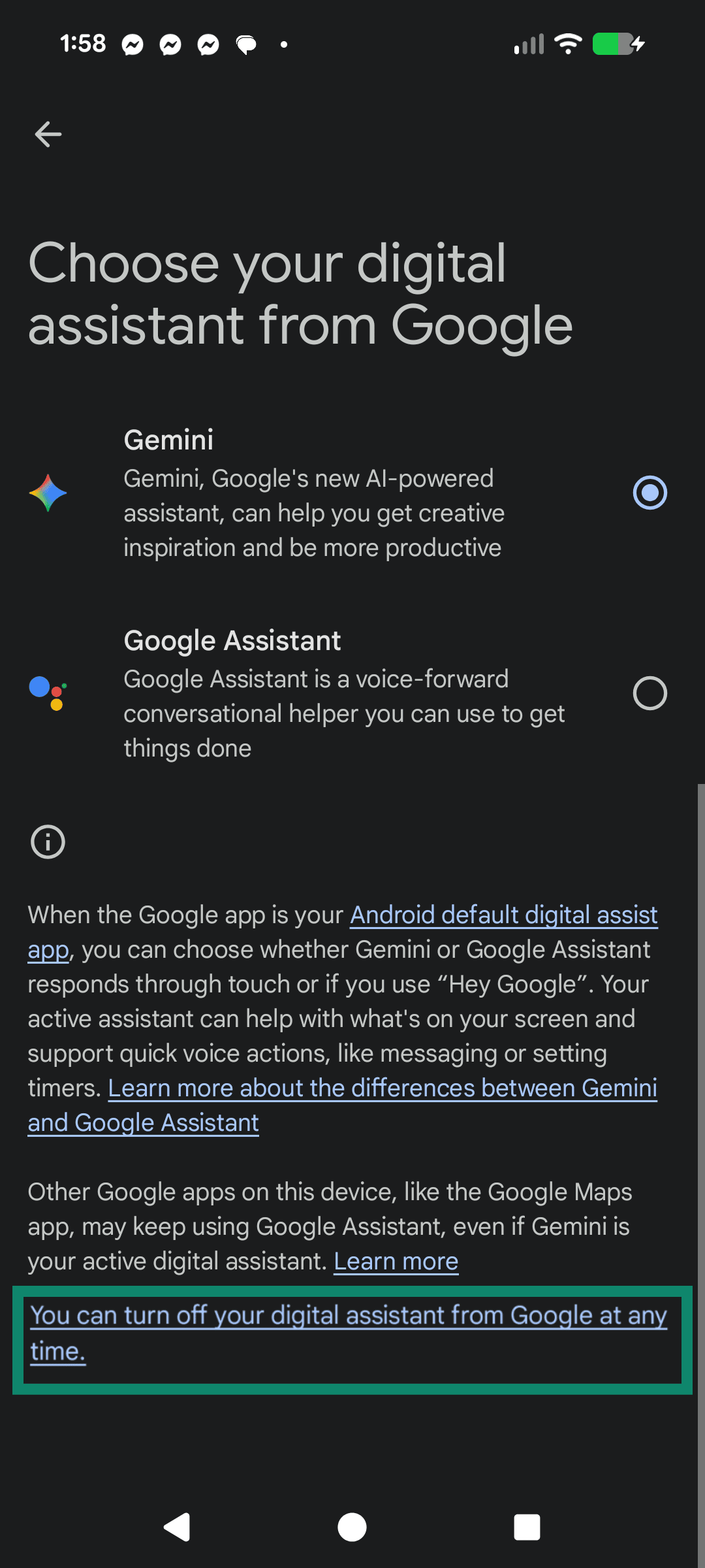 The digital assistant options menu, highlighting the fine print at the bottom that offers the option to disable the assistant.