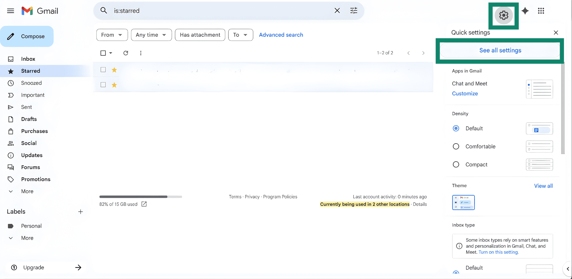 The Gmail inbox with See all settings and the gear to access it highlighted.