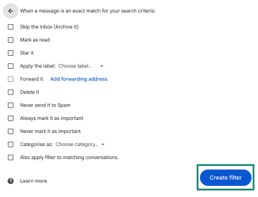 Gmail filter actions screen showing options like Skip the Inbox and Create filter button.