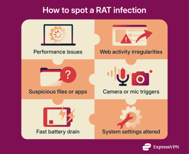Grid showing 6 indications of a remote access trojan infection.