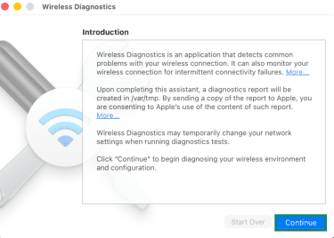 The Mac Wireless Diagnostics utility, showing the button to continue.