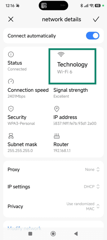 In the Android Wi-Fi page, under Technology is says Wi-Fi 6