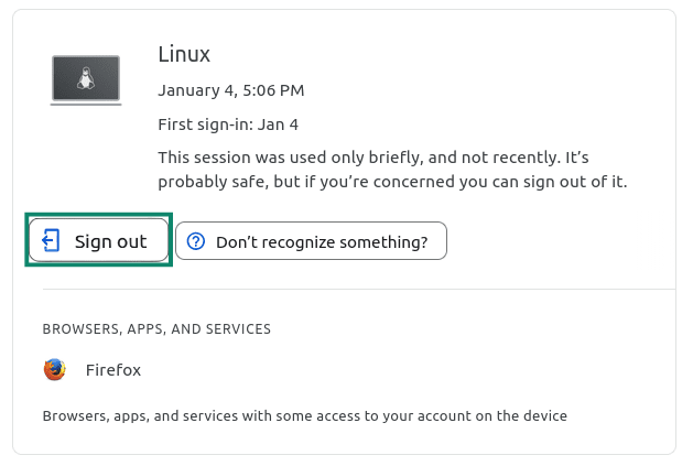"Sign out" button highlighted in the Google device settings.