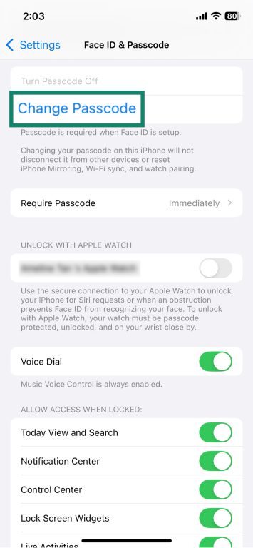 iPhone Face ID & Passcode settings interface with the Change Passcode option highlighted.