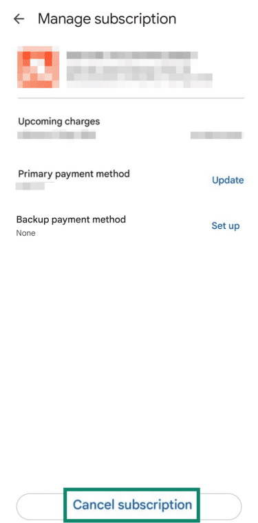 "Cancel subscription" button highlighted for eHarmony subscription on Google Play.