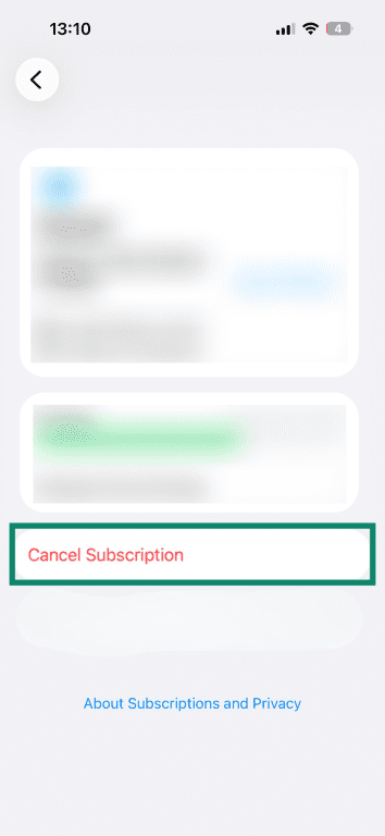 "Cancel Subscription" button highlighted for an active subscription on an iPhone.