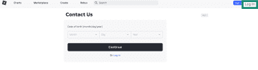 Roblox contact page with date of birth fields, log in option, and Continue button.