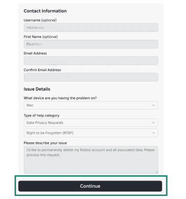 Continue button on Roblox support form submission page.