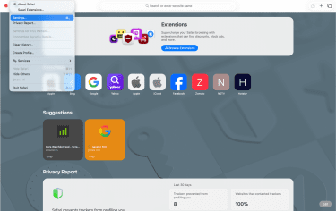 Safari menu with Settings option selected