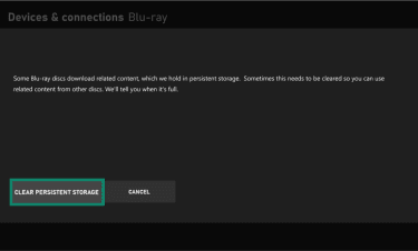 Xbox Blu-ray screen with Clear persistent storage button highlighted.
