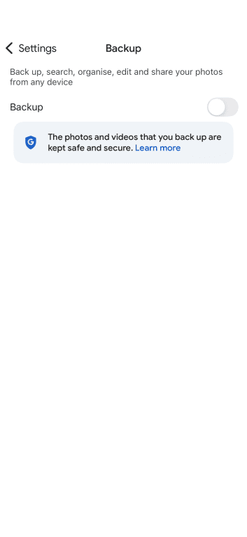 The iOS Google Photos Backup menu, showing the Backup option toggled off.