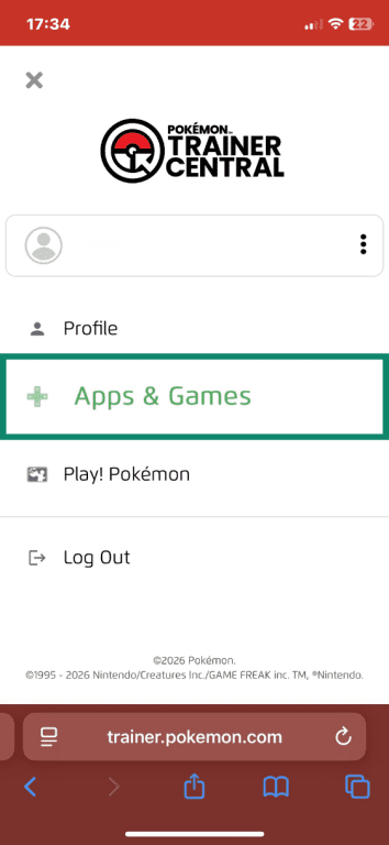 Pokémon Trainer Central account options menu with Apps & Games highlighted