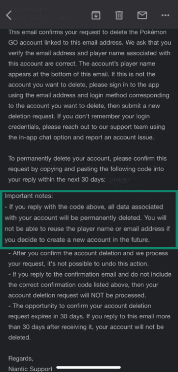 Niantic account deletion confirmation email with highlighted text stating that existing account nicknames and email addresses cannot be reused for new Pokémon GO accounts.