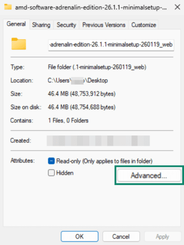 Advanced file settings on Windows.