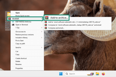 Creating an archive with WinRAR.