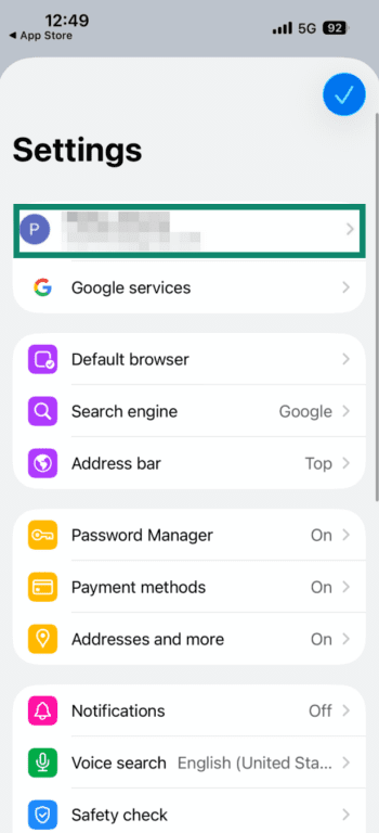 Google profile picture highlighted in the Google Chrome settings on iPhone.