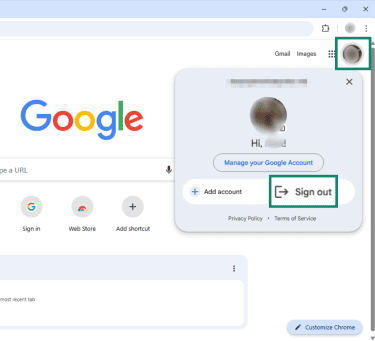 Google profile picture and "Sign out" option highlighted on Google Chrome.