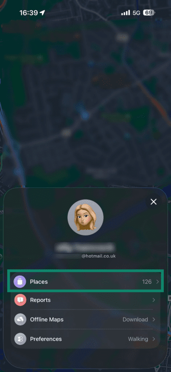 Screenshot of the Apple Maps menu with the Places feature highlighted
