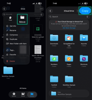 How to move a file from Google Drive folder to iPhone local file storage.