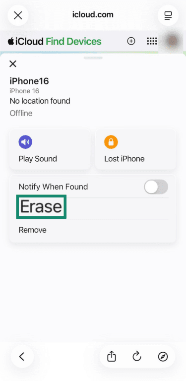 Starting a remote wipe on an iPhone using iCloud Find