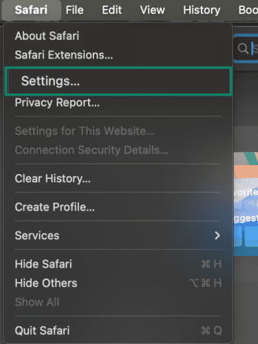 Safari dropdown menu with Settings highlighted