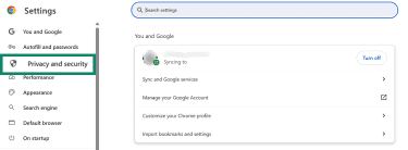 Chrome settings menu highlighting the Privacy and security tab.