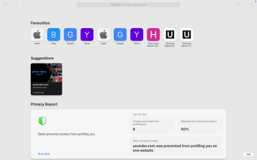 Safari start page showing the Privacy Report summary