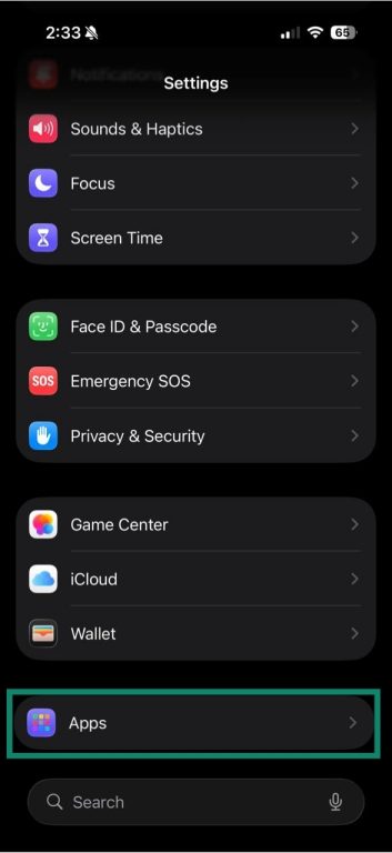 iOS settings, showing the "Apps" option highlighted.