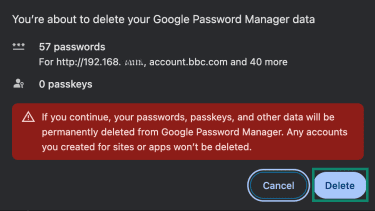 Confirmation prompt when deleting all login data on Google Password Manager using Google Chrome.