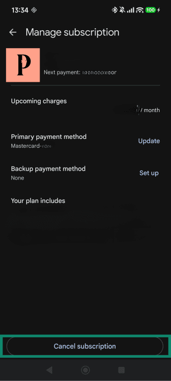 Tap the Cancel subscription button on the Plenty of Fish management page in Google Play.