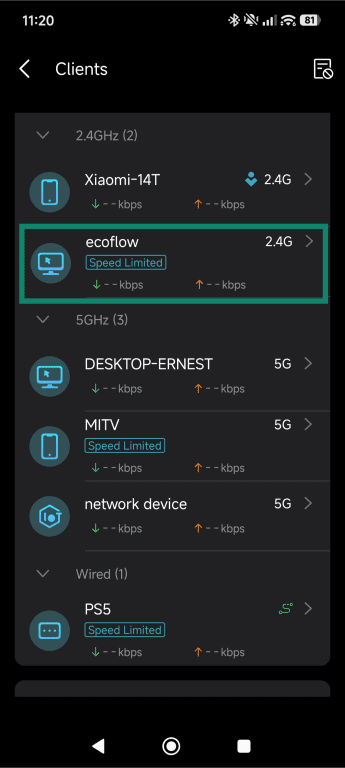 TP-Link mobile app's Client list with a device named "ecoflow" highlighted.
